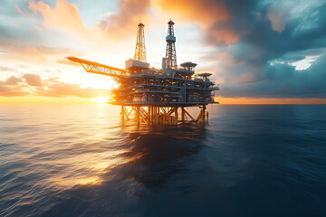 oil platform ocean with sun setting it