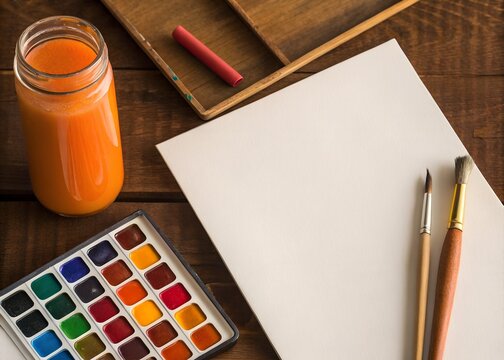 A still life image with a focus on a collection of art supplies and materials, including an orange-colored glass drink container, a palette with a variety of paint colors, a traditional artist's palet