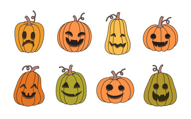 set of cute halloween pumpkin doodle with faces