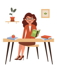 Cartoon character of literature teacher spending reading time sitting at stylish table in cozy office with books and plant. Vector illustration in flat style.
