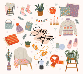 Cozy illustration with Stay Home message featuring various domestic objects