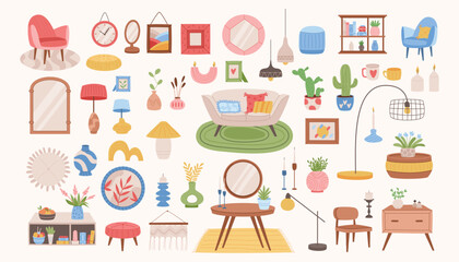 Colorful playful vector illustration showcasing diverse furniture and home decor items on a light background