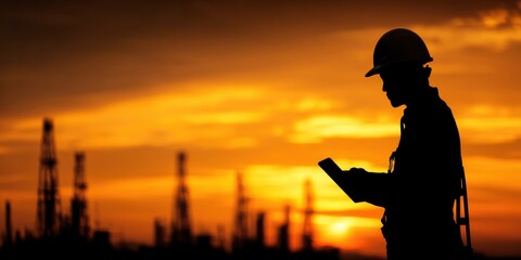 Fototapeta premium Stunning photo of silhouette of an oil industry worker wearing a hard hat and using a tablet at an oil field during sunset.
