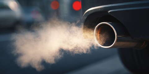 Stunning photo of closeup car exhaust pipe with visible CO2 smoke billowing out. Carbon emissions and global warming. Environmental problem with diesel and fossil fuels burning.