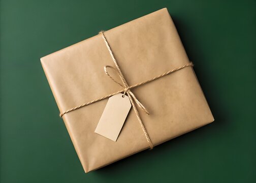 Brown paper wrapped parcel tied with string and blank tag on dark green