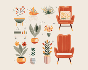 Illustration of plants and chairs with a warm and organic aesthetic