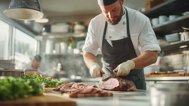 Skilled chef carving meat in a bustling restaurant kitchen during the afternoon shift