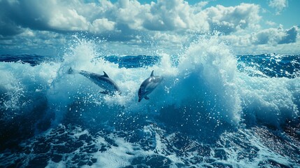 Obraz premium Dolphins leaping through waves