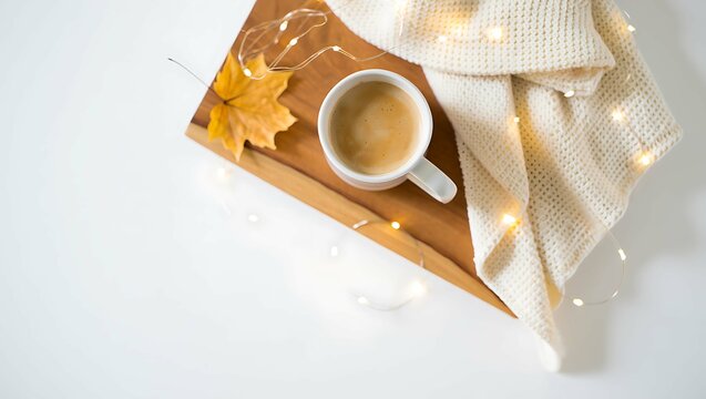 Cozy autumn morning scene with a warm cup of coffee a soft knitted blanket and festive fairy lights