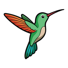 Obraz premium A small and vibrant hummingbird hovering in mid-flight, wings blurring on a plain white surface, a tiny wonder.