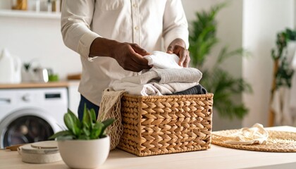 Man Folding Laundry In Light Brown Basket