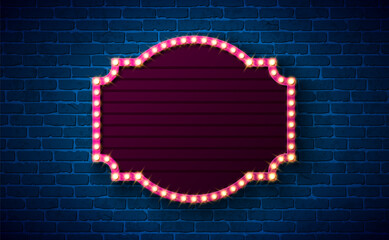 Retro Signboard Lightbox Banner Design with Glowing Light Bulb Frame Billboard on Vintage Brick Wall Background. Vector Customizable Marquee Sign Illustration for Casino Advertising, Theater Show
