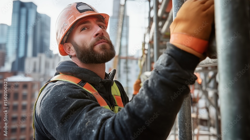Poster construction worker in urban setting performing maintenance on scaffolding at a building site during