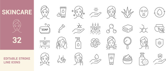 Skincare Line Editable Icons Set. Soap, Serum, Moisturizer, Facial Mask, Sun Protection, Acne Treatment, Skincare Routine, and More. Vector Illustration.