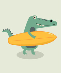 Flat Design Illustration with Crocodile Holding Surfboard 