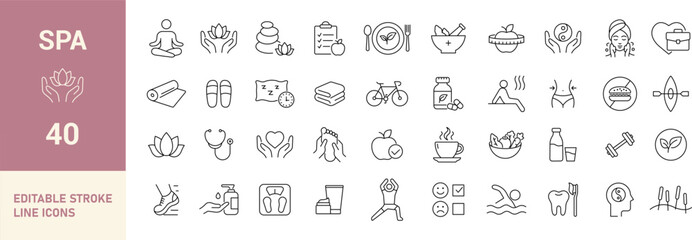Spa Line Editable Icons Set. Wellness, Yoga, Massage, Skincare, Relaxation, Fitness, Healthy Lifestyle and More. Vector Illustration.