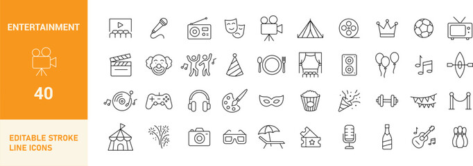 Entertainment Line Editable Icons Set. Music, Movie, Game, Party, Microphone, Theater, Celebration, and More. Vector Illustration.
