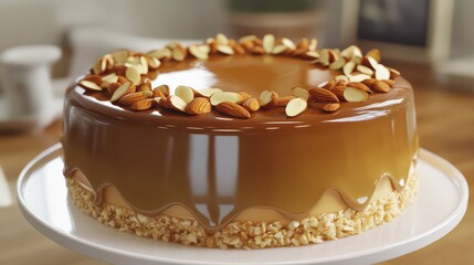A realistic shot of a virtual honey almond cake with a smooth glaze and toasted almonds on top.