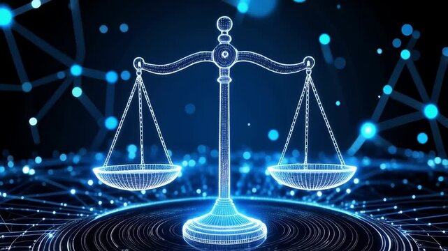 Digital scales of justice, represented in glowing wireframe over a circuit board, symbolizing technology and law and fairness, blue color scheme