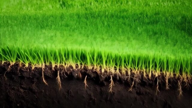 Section of lush green grass showing roots in dark soil, representing healthy lawn and soil composition.