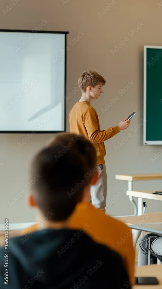 Aufkleber High school student using tablet while giving presentation to classmates in modern classroom, focusing on innovative teaching methods and engaging learning experiences