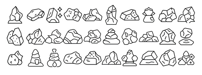 Rock Icon Set — Solid Boulder, Pebble, Stone, Cliff, and Rock Formation Icons