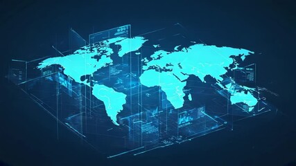 Opening holographic world map above digital grid rotating, displaying data panels and connections - Powered by Adobe