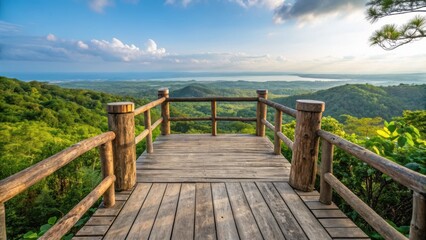 Obraz premium Conscious tourism zero carbon concept. Scenic viewpoint overlooking lush green landscape and a distant ocean under a bright sky.