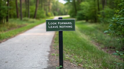 Conscious tourism zero carbon concept. A pathway sign encourages mindfulness and preservation in a green, serene environment.