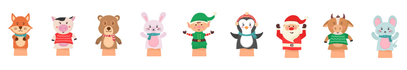 Png puppet theatre set with cartoon finger dolls for children play stage vector background isolated marionette bear rabbit handmade glove toy in fairy tale performance

