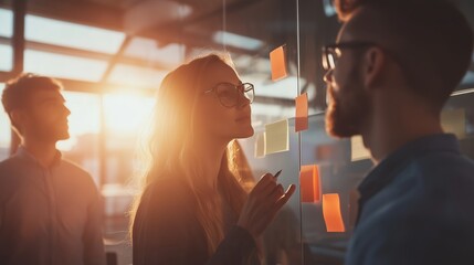Creative teamwork and brainstorming session in a bright office environment during sunset