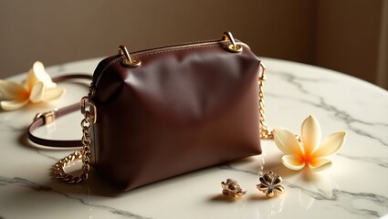 Bolso de cuero de lujo con correa de cadena dorada sobre una mesa de mármol. Accesorio de moda, chic, glamuroso y moderno