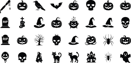 Naklejka premium Spooky Silhouettes: Halloween Icon Grid