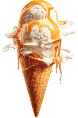 Ice Cream Cone with Vanilla Scoops and Caramel Sauce Drizzle on White Background