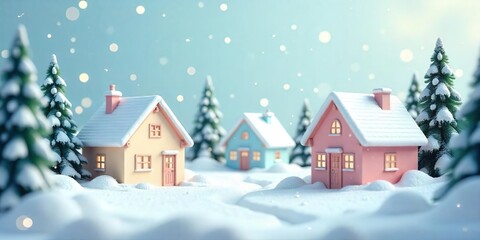 Fototapeta premium A picturesque winter village scene, small pastel-colored houses nestled in snowy landscape, Happy Holidays Vintage. Vintage Style Christmas Village with Snow Background