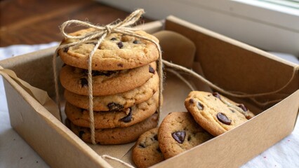 Chocolate Chip Cookies Tied with Twine in a Cardboard Box