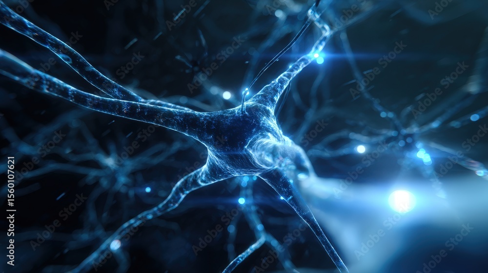 Poster a blue neuron with a light shining on it. the neuron is surrounded by other neurons. the light is co
