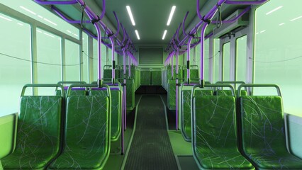 Clean bus interior revealing green seats and purple handrails, presenting futuristic design with minimalist aesthetic and vibrant color palette © flashmovie