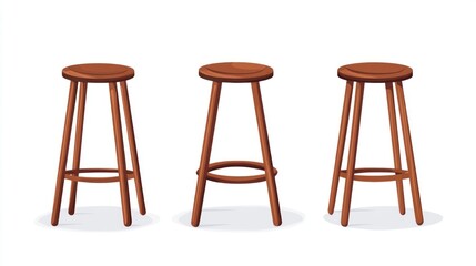 Brown wooden bar stool set for indoor use, flat vector illustration