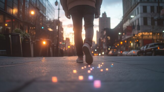 Footsteps on a city street at sunset with soft glowing lights and an urban atmosphere - Powered by Adobe