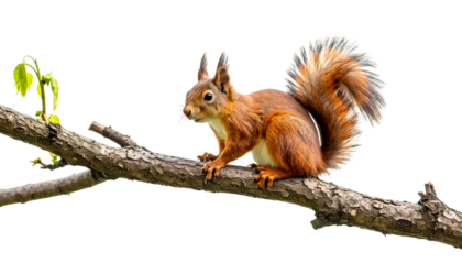 squirrel on a branch of tree isolated on white background.