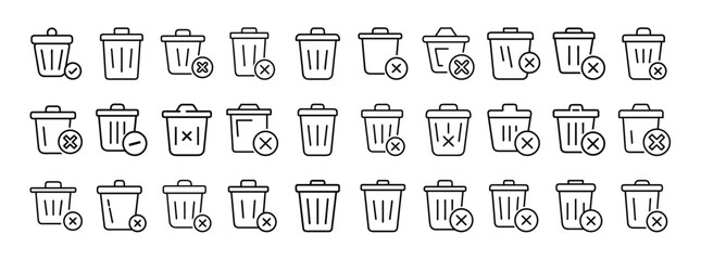 Trash Bin Icon Set — Solid Icons of Delete, Garbage, Recycle, Waste Management, and Trash Cans
