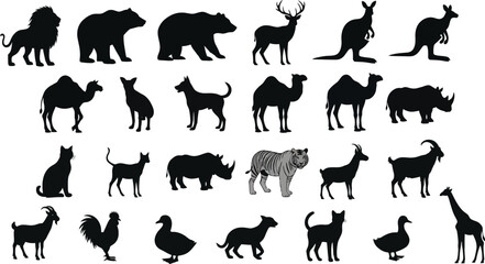 Fototapeta premium Diverse Animal Silhouettes: Black & White Wildlife Collection