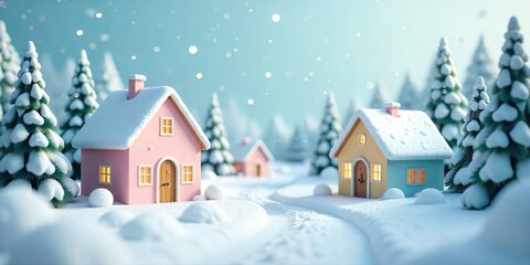 Fototapeta premium A picturesque winter village scene, small pastel-colored houses nestled in snowy landscape, Happy Holidays Vintage. Vintage Style Christmas Village with Snow Background