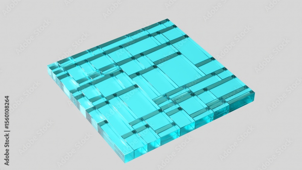 Poster glass tile displaying intricate grid pattern rotating slowly, revealing translucent cyan color again