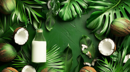 White coconut milk in a transparent bottle and natural brown coconuts on a background of green tropical leaves