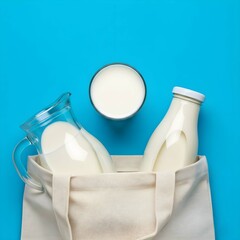 A glass of milk, a jug, and a bottle all tucked in a fabric bag against a bright blue backdrop. It's all about World Milk Day vibes, morning habits, eco-friendly living, and healthy eating