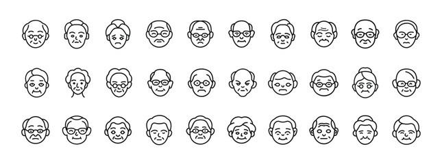 Senior People Icon Set — Solid Icons of Elderly, Grandparents, Old Age, Senior Citizens, and Aging Population