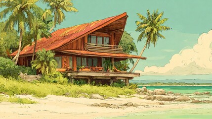 Fototapeta premium Front view of a luxurious beachfront villa on a tropical island, surrounded by palm trees and calm ocean waves - ideal for holiday getaways --chaos 100 