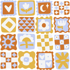 Playful seamless pattern. Hand-drawn tiles with geometric and floral motifs. Bold colors. Vector illustration.
